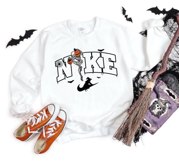 Nike Halloween Sweatshirt, Just Boo It, Halloween Skeleton Pumpkin Shirt, Swoosh Skeleton Shirt, Vintage Halloween Sweatshirt, Sports Fan