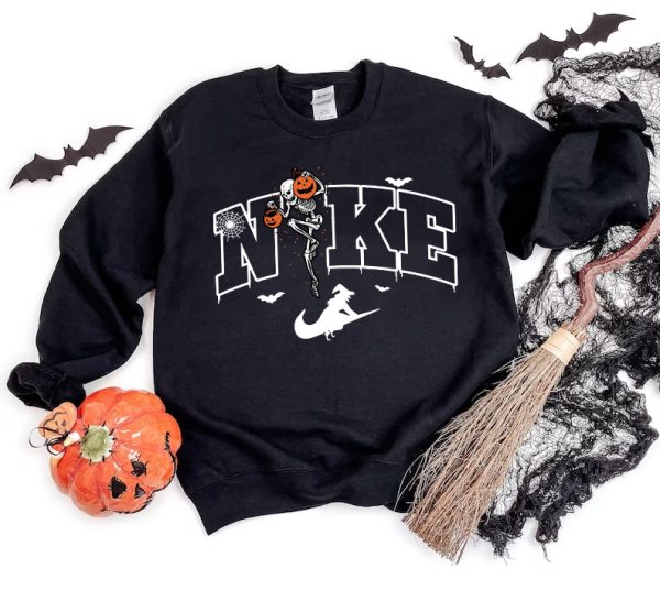 Nike Halloween Sweatshirt, Just Boo It, Halloween Skeleton Pumpkin Shirt, Swoosh Skeleton Shirt, Vintage Halloween Sweatshirt, Sports Fan