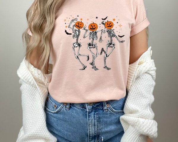 Dancing Skeleton Halloween Shirt, Pumpkin Shirt, Spooky Season Skeleton TShirt, Fall Shirts for Women