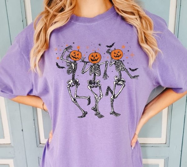 Dancing Skeleton Halloween Shirt, Pumpkin Shirt, Spooky Season Skeleton TShirt, Fall Shirts for Women