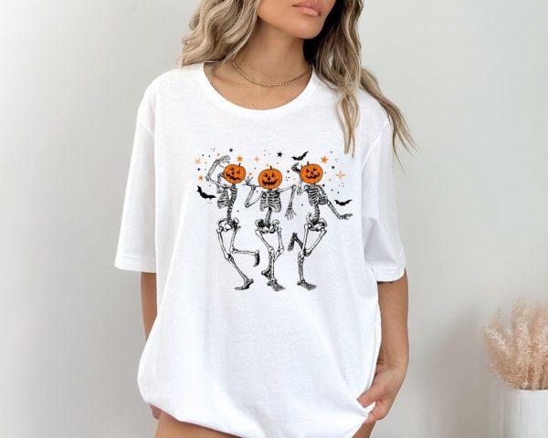 Dancing Skeleton Halloween Shirt, Pumpkin Shirt, Spooky Season Skeleton TShirt, Fall Shirts for Women