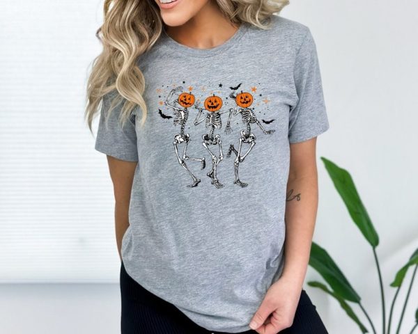 Dancing Skeleton Halloween Shirt, Pumpkin Shirt, Spooky Season Skeleton TShirt, Fall Shirts for Women