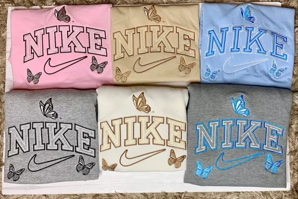 Embroidered Nike Crew Neck Sweatshirt with Butterflies, Personalize Embroidered Crew Neck Birthday Gift