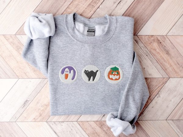 Halloween Cookies Boo Embroidered Sweatshirt, Spooky Season Crewneck Sweatshirt, Ghost and Pumpkin Embroidered