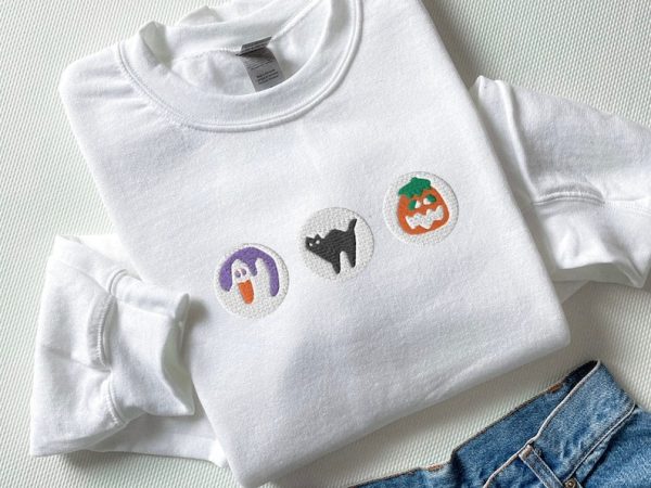 Halloween Cookies Boo Embroidered Sweatshirt, Spooky Season Crewneck Sweatshirt, Ghost and Pumpkin Embroidered