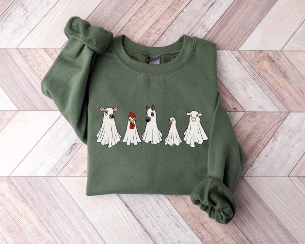 Halloween Animal Ghosts Sweatshirt, Ghost Cow Sweatshirt, Halloween Crewneck, Ghost Shirt, Chicken Shirt, Funny Halloween, Halloween Sweater