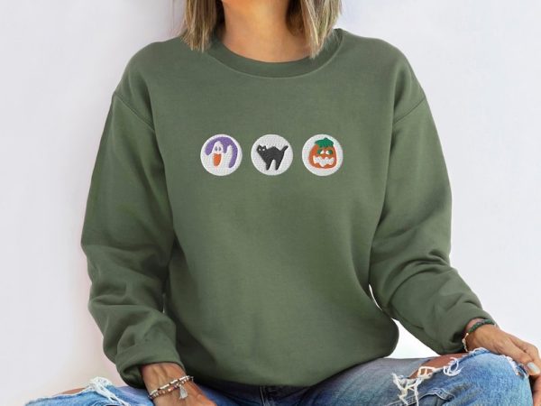 Halloween Cookies Boo Embroidered Sweatshirt, Spooky Season Crewneck Sweatshirt, Ghost and Pumpkin Embroidered