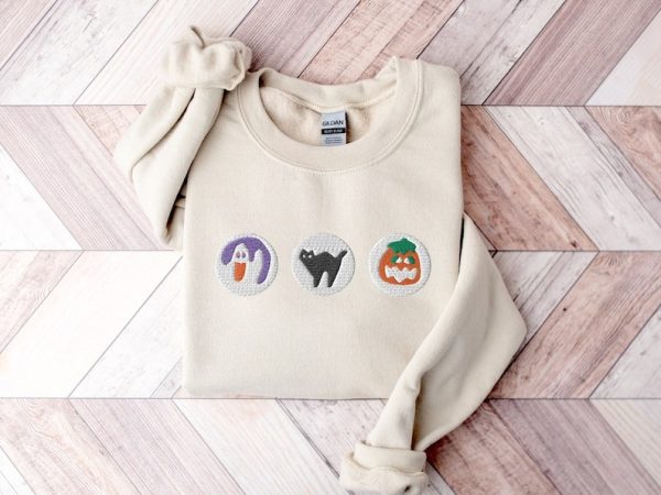 Halloween Cookies Boo Embroidered Sweatshirt, Spooky Season Crewneck Sweatshirt, Ghost and Pumpkin Embroidered