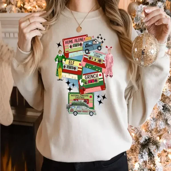 Christmas Tape Sweatshirt, Christmas Movie Night Sweater, Christmas Movies Sweatshirt, Christmas Movie Characters Cassette Type Sweatshirt